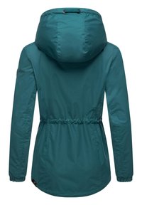 Teal, water-resistant jacket with a cinched waist, front pockets, and a hood. Smooth texture, elastic cuffs. Back view.