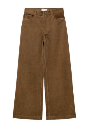 Braune Cordhosen mit weitem Bein und hoher Taille, vier Taschen und einem strukturierten Rippmuster. Knopfverschluss vorne.