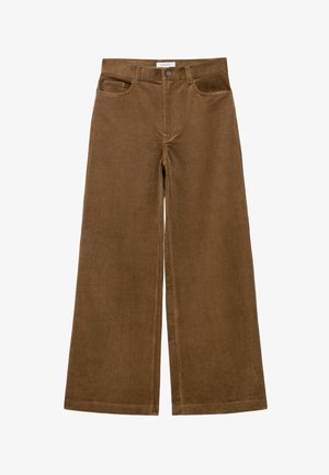 Braune Cordhosen mit weitem Bein und hoher Taille, vier Taschen und einem strukturierten Rippmuster. Knopfverschluss vorne.