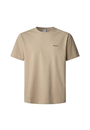 Beige cotton t-shirt with a crew neckline, short sleeves, and a small navy logo embroidered on the left chest.