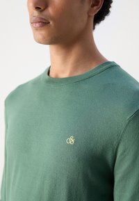 Groene katoenen trui met een ronde hals en ribgebreide manchetten. Bevat een subtiele gele logo op de linkerborst. Zachte textuur, minimalistisch ontwerp.