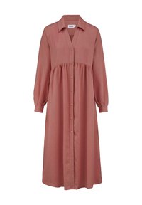Abito lungo con bottoni in rosa polveroso, caratterizzato da un colletto, vita arricciata e maniche lunghe con polsini elasticizzati. Tessuto con una texture liscia.