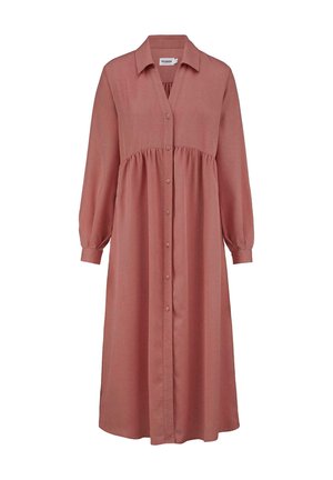 Lang, geknoopte jurk in stoffig rozenklein, met een kraaghalslijn, verzamelde taille en lange mouwen met elastische manchetten. Soepele stoftextuur.