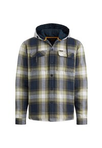 Chaqueta de camisa a cuadros con capucha gris, que presenta colores azul, verde y blanco, dos bolsillos en el pecho y cierres de botón a presión.