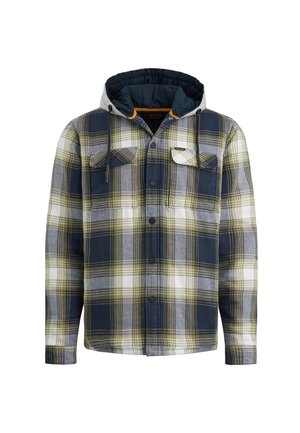 Karierte Jacke mit grauem Kapuzen, in Blau, Grün und Weiß, zwei Brusttaschen und Druckknopfschließen.