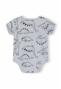 Sivi bodi s kratkim rukavima s crnim ilustracijama dinosaura, uključujući različite vrste i oblike, izrađen od mekanog pamuka.