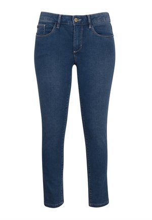 Schmale Jeans aus dunkelblauem Denim mit einem klassischen Knopfverschluss, fünf Taschen und Kontrastnähten an den Nähten.