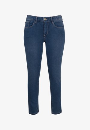 Schmale Jeans aus dunkelblauem Denim mit einem klassischen Knopfverschluss, fünf Taschen und Kontrastnähten an den Nähten.