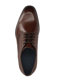 Brauner Lederschuh mit glänzendem Finish, runder Zehenpartie und sechs Ösen für die Schnürsenkel. Verfügt über eine strukturierte Innensohle mit Markenlogo.