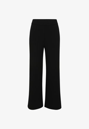 Zwarte wijde broekspijpen met een gladde, rekbare stof. Heeft een hoge tailleband en een ontwerp met volledige lengte. Geen zichtbare zakken of versieringen.