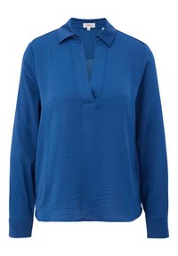Blusa blu a maniche lunghe con vestibilità morbida, scollatura a V e texture soffice. Presenta un colletto e maniche con polsini.