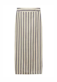 Gestreepte midi-rok in beige met blauwe en groene verticale lijnen. Heeft een aansluitende taille en een rechte snit. Gemaakt van lichtgewicht stof.