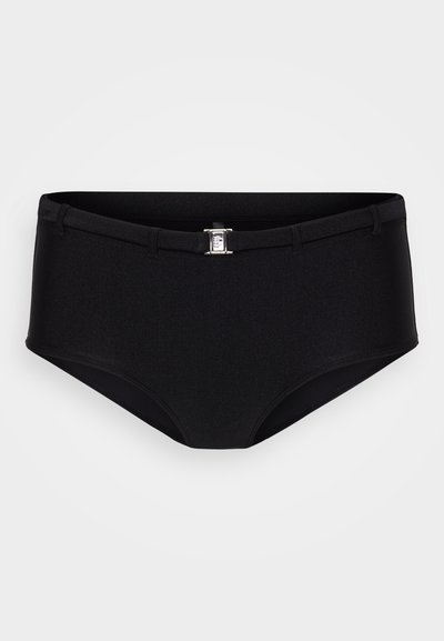 Parte de baixo de fato de banho alta preta com textura suave, detalhe de fecho metálico prateado na frente e costuras reforçadas para um ajuste seguro.