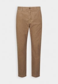 Pantalon en velours côtelé marron avec passants de ceinture, fermeture à boutons et glissière, coupe droite, présenté sur un fond blanc uni.