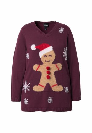 V-hals, lange mouwen trui in kastanjebruin met een peperkoekmannetje ontwerp, rode pompoentjes, witte sneeuwvlokken en gebreide textuur.