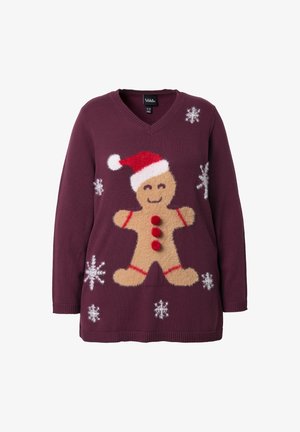 V-hals, lange mouwen trui in kastanjebruin met een peperkoekmannetje ontwerp, rode pompoentjes, witte sneeuwvlokken en gebreide textuur.