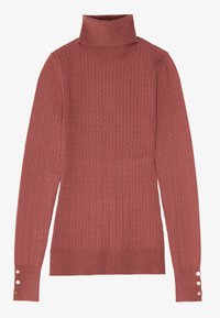 Rollkragenpullover in Rostfarbe mit gerippter Struktur und Zopfmuster. Verfügt über drei goldfarbene Knopfakzente an den Bündchen.