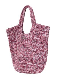 Vävd tote-väska i rosa och vitt med en texturerad yta, två handtag, öppen topp och en liten metallisk varumärkesdetalj.
