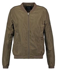 Olijfgroene bomberjack gemaakt van glad nylon stof, met een rits aan de voorkant, geribde mouwen en een zijzak met ritsdetail.