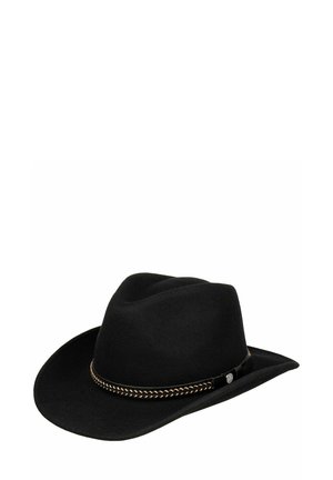 Black cowboy hat with wide brim and braided leather band around the base of the crown, displayed on a white background.