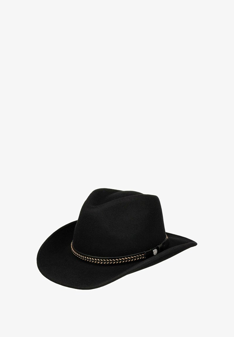 Black cowboy hat with wide brim and braided leather band around the base of the crown, displayed on a white background.