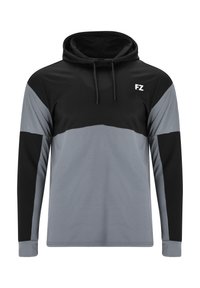 Huppari harmaana ja mustana, jossa on pitkät hihat ja väri-blokki muotoilu, sekä "FZ" logo rinnassa. Silkkinen kangas.