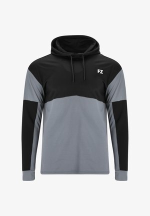 Grå og sort hættetrøje med lange ærmer, der har et farveblokeringsdesign og "FZ" logo på brystet. Glat stofstruktur.