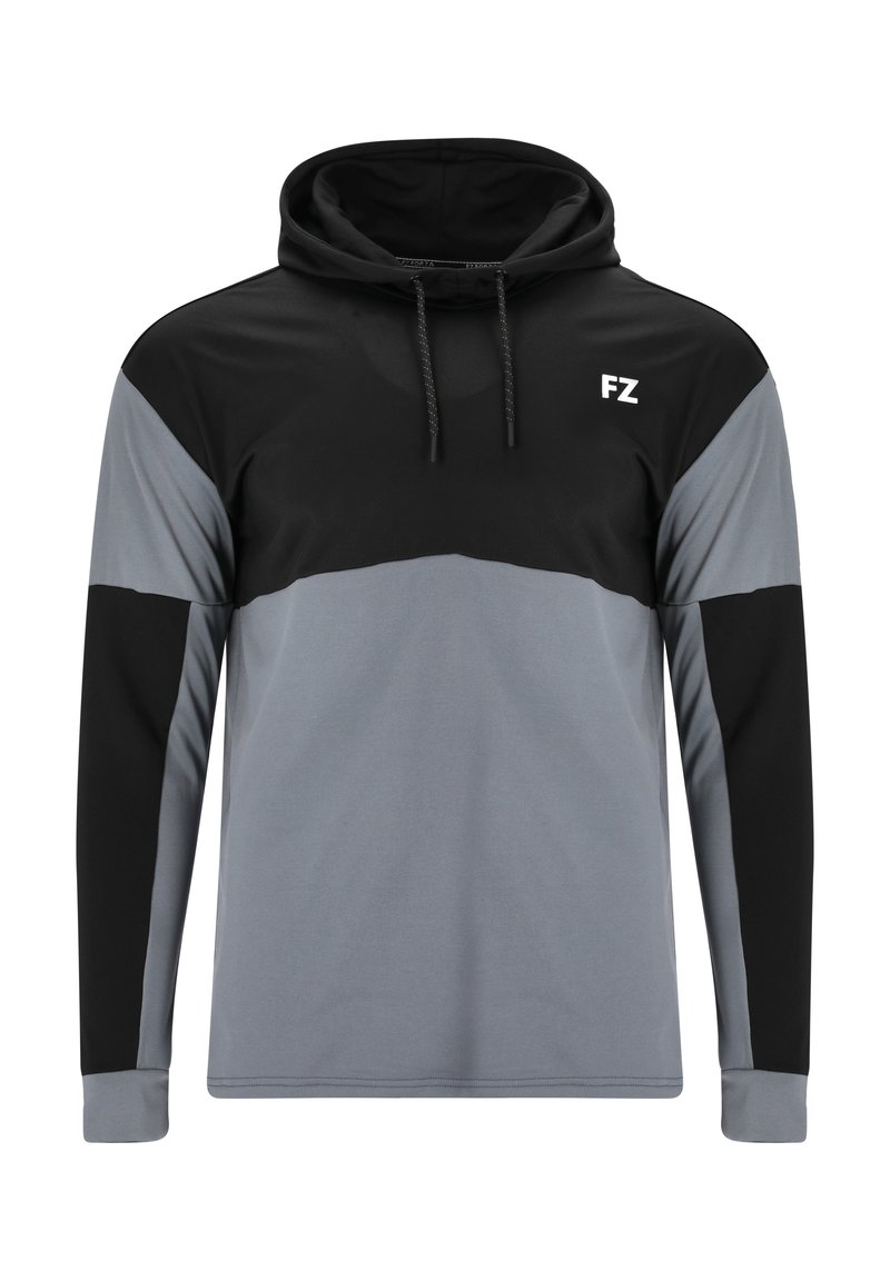 Huppari harmaana ja mustana, jossa on pitkät hihat ja väri-blokki muotoilu, sekä "FZ" logo rinnassa. Silkkinen kangas.