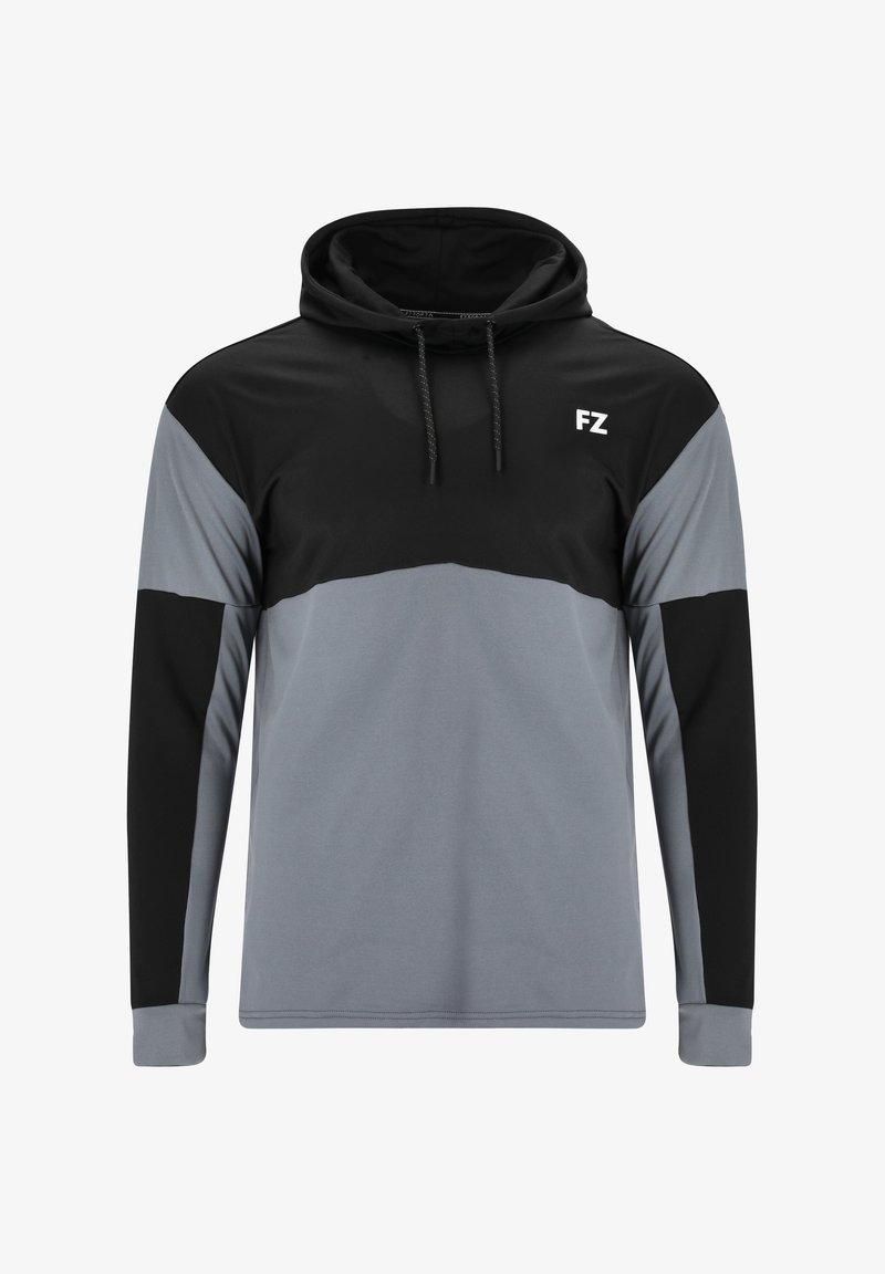 Huppari harmaana ja mustana, jossa on pitkät hihat ja väri-blokki muotoilu, sekä "FZ" logo rinnassa. Silkkinen kangas.