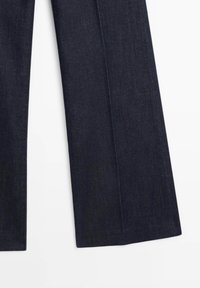 Dark blue denim trousers with a straight fit. Features visible stitching, a smooth texture, and a classic design. No distinctive patterns or hardware.