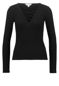 Černý dlouhý rukáv top s žebrovanou texturou, který má hluboký výstřih do V a křížové detaily na výstřihu. Přiléhavý střih.