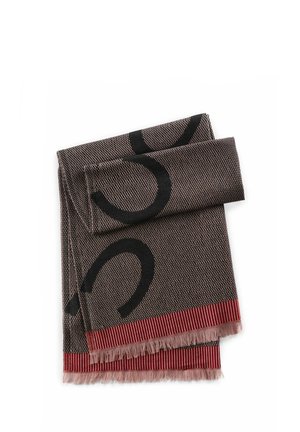 Tissu tissé de couleur marron avec un motif abstrait noir, doté d'une frange rayée rouge sur le bord. Texture douce et forme rectangulaire.