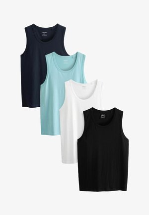 Cuatro camisetas de tirantes de algodón sin mangas en navy, azul claro, blanco y negro, con cuellos redondos y una textura lisa y suave.
