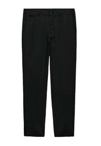 Pantaloni neri a gamba dritta. Realizzati in tessuto leggero, con tasca frontale, passanti per la cintura e chiusura con bottone. Texture liscia.