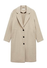 Béžový kabát z vlněné směsi s klopovým límcem, jednorušný střih, se třemi černými knoflíky a bočními kapsami. Navržen pro pohodlný volný střih.