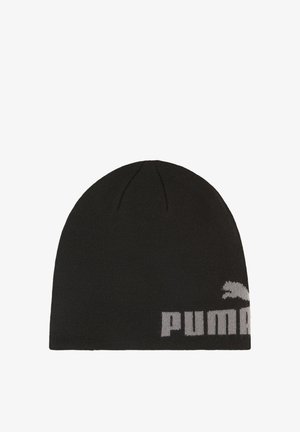 Czarna dziergana czapka z logo Puma i nazwą marki w szarym kolorze na dolnej stronie.