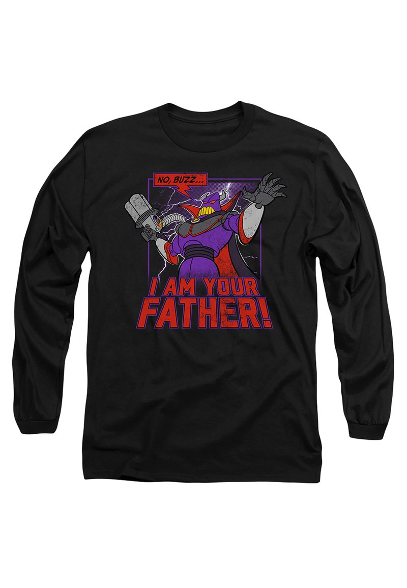 Black long-sleeve T-shirt featuring a graphic of a purple character with a blaster, text reading, "NO, BUZZ... I AM YOUR FATHER!" in bold red.