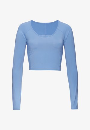 Light blue long-sleeve crop top made of smooth, stretchy fabric with a round neckline and raw edge seams.