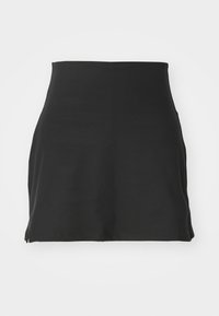 Svart mini-skjørt laget av elastisk stoff. Har en jevn tekstur, tettsittende design, høy midje, og sidesplitter for lettere bevegelse.