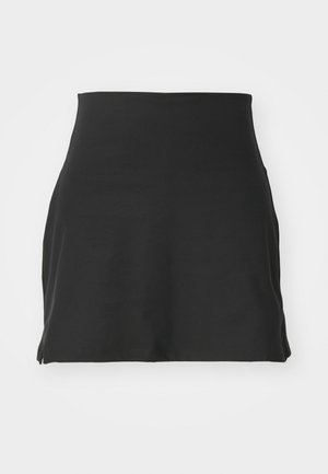 Black mini skirt made of stretchy fabric. Features a smooth texture, fitted design, high waist, and side slits for ease of movement.