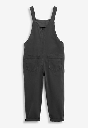 Salopette noire en coton avec bretelles ajustables, devant en V, deux poches avant et ourlets retroussables. Caractérisée par une coupe décontractée et un tissu durable.