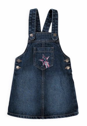 Robe salopette en denim foncé avec une poche avant ornée d'une étoile en sequins rose et violet et une queue rayée, bretelles à boutons et boutons latéraux.