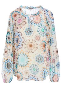Blouse légère et multicolore avec un motif de mandala floral, col froncé et longues manches bouffantes. Texture de tissu semi-transparent.