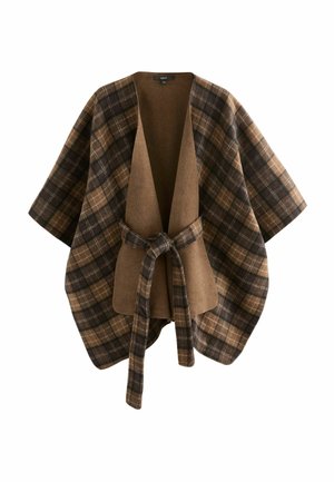 Ruskea ja beige ruudullinen viltti, jossa on huopakaulus, kimono-hihat ja solmittava vyö. Pehmeä villasekoitekangas, jossa on mukava, avonainen muotoilu.