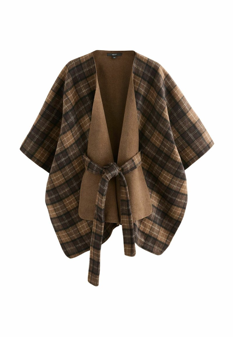 Hnědý a béžový křídový pléd s šálovým límcem, kimono rukávy a opaskem na zavázání. Měkká vlna s útulnou otevřenou konstrukcí.