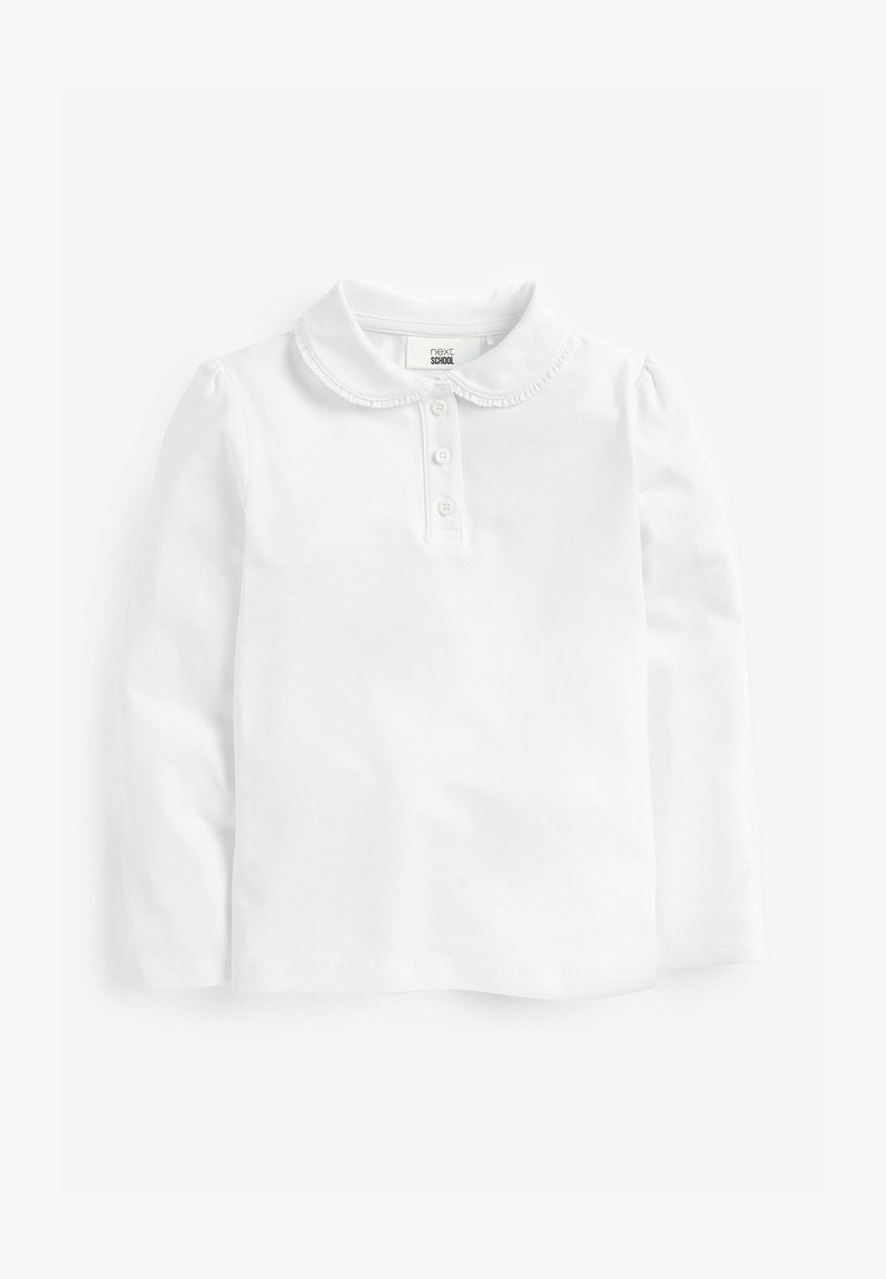 Balta garām piedurknēm polo krekls ar noapaļotu apkakli, trīs pogu koka, un saplēstu apkakles detaļu, izgatavots no mīksta kokvilnas auduma.
