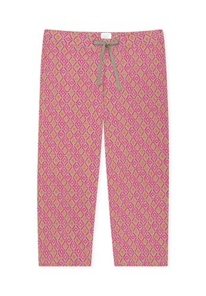 Gemusterte Hosen in Rosa und Beige mit einem geometrischen Design und floralen Motiven. Weicher Stoff mit einem Tunnelzugbund für eine verstellbare Passform.