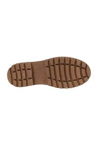 Suola di scarpa in gomma marrone con scanalature profonde e rilievi per aderenza, caratterizzata da una superficie liscia con una leggera curvatura nella sezione delle dita.