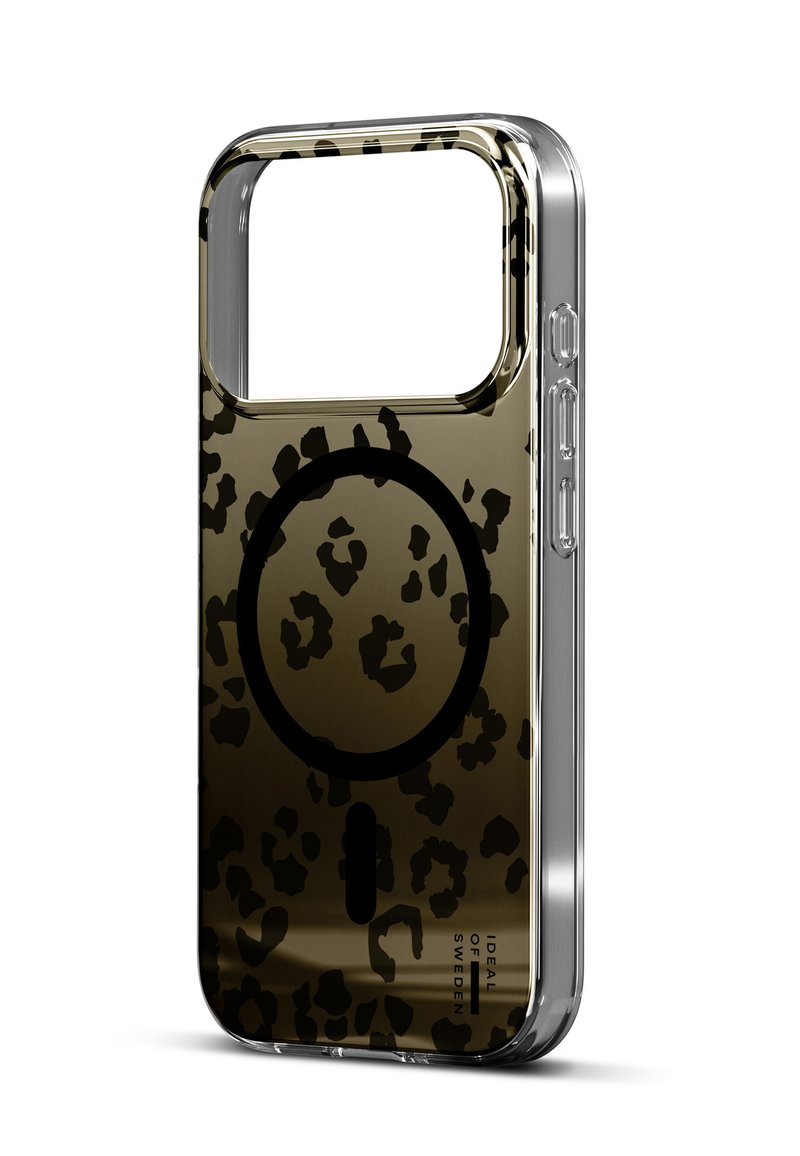 Mobildeksel med leopardmønster i svart og gull, med gjennomsiktig kropp, sirkulært utsnitt for magnetisk feste og sideknapper.