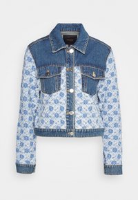 Kort denimjacka med en mörkblå krage och ärmar. Huvuddel i ljusblått tyg med ett geometriskt blått mönster och två framfickor.